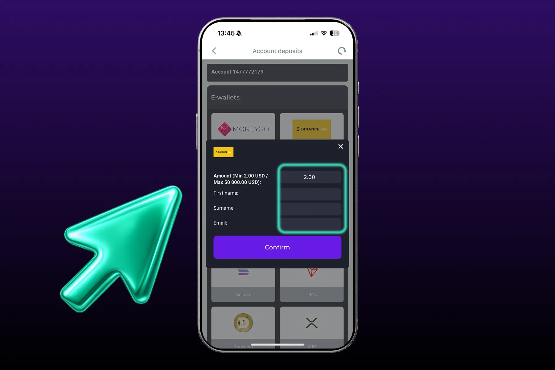 Enter the depositing amount and provide necessary details.